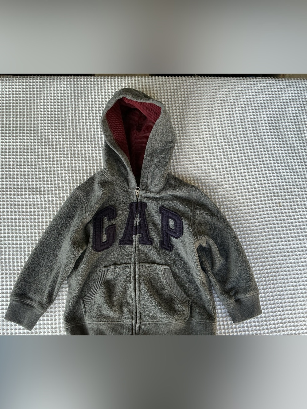 GAP Kids Gray Fleece Zip Hoodie with Maroon Hood Lining